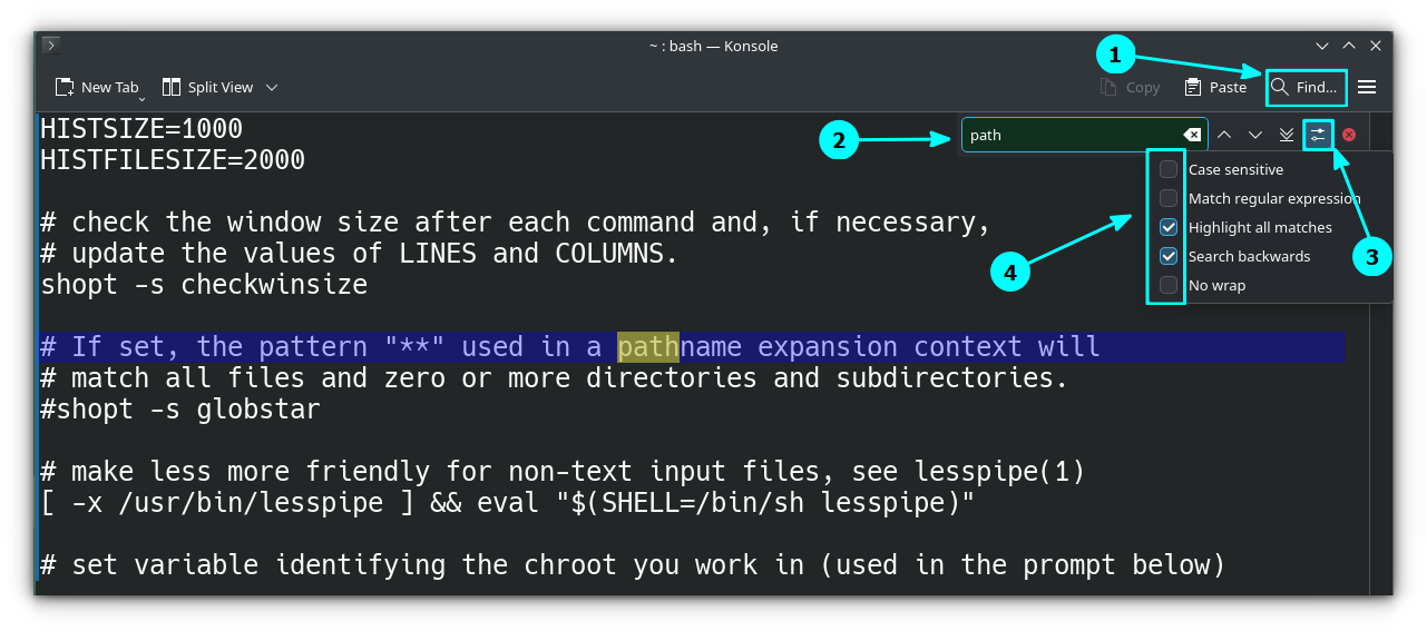 Find text in the current screen of KDE Plasma Konsole terminal emulator.