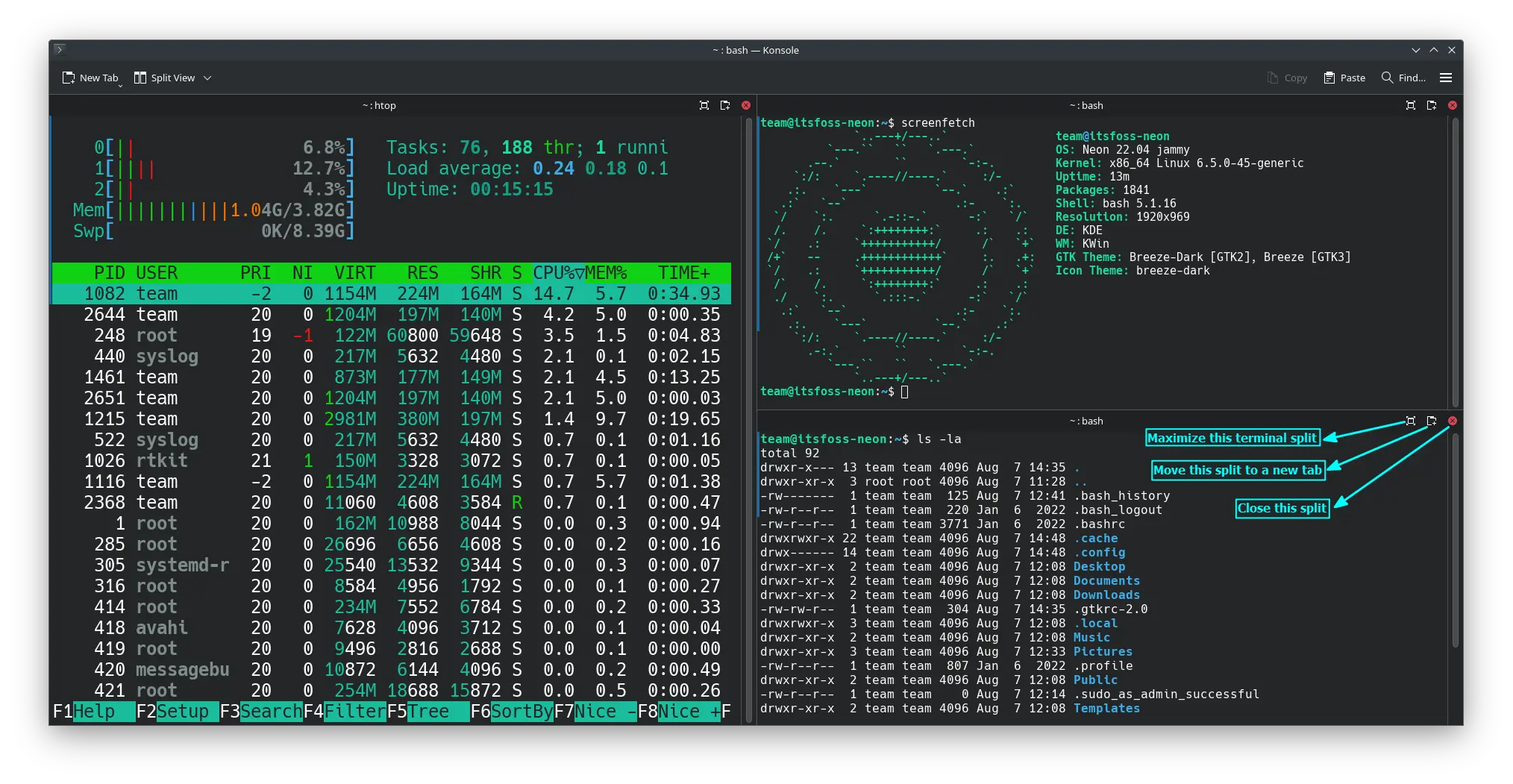 Split view in Konsole with three split panes