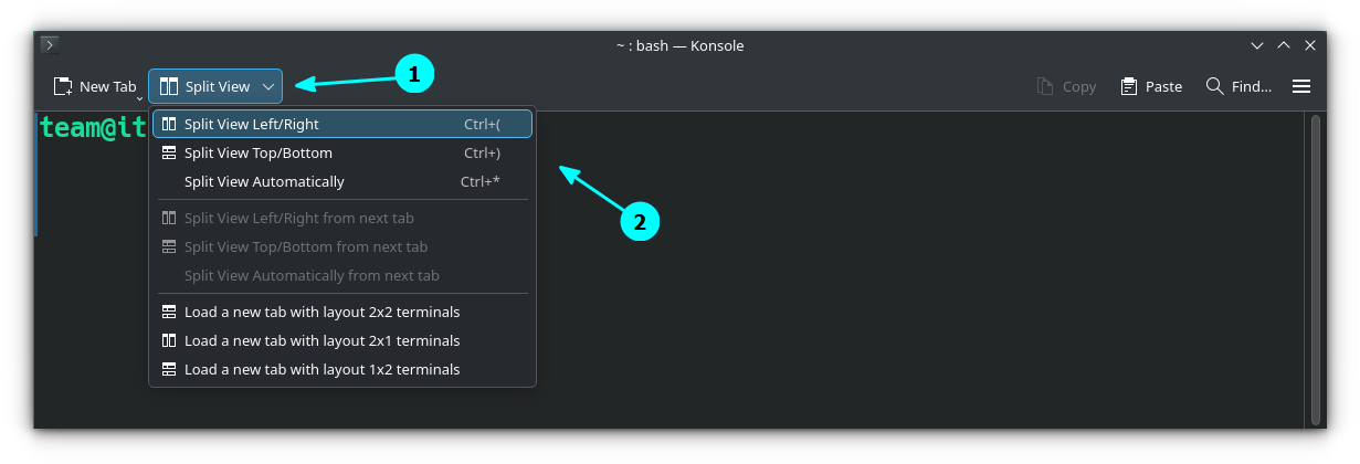 Select a split layout from the Split button on Konsole top panel