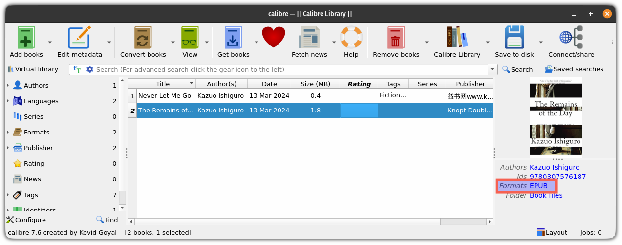 Find the ebook file format in Calibre