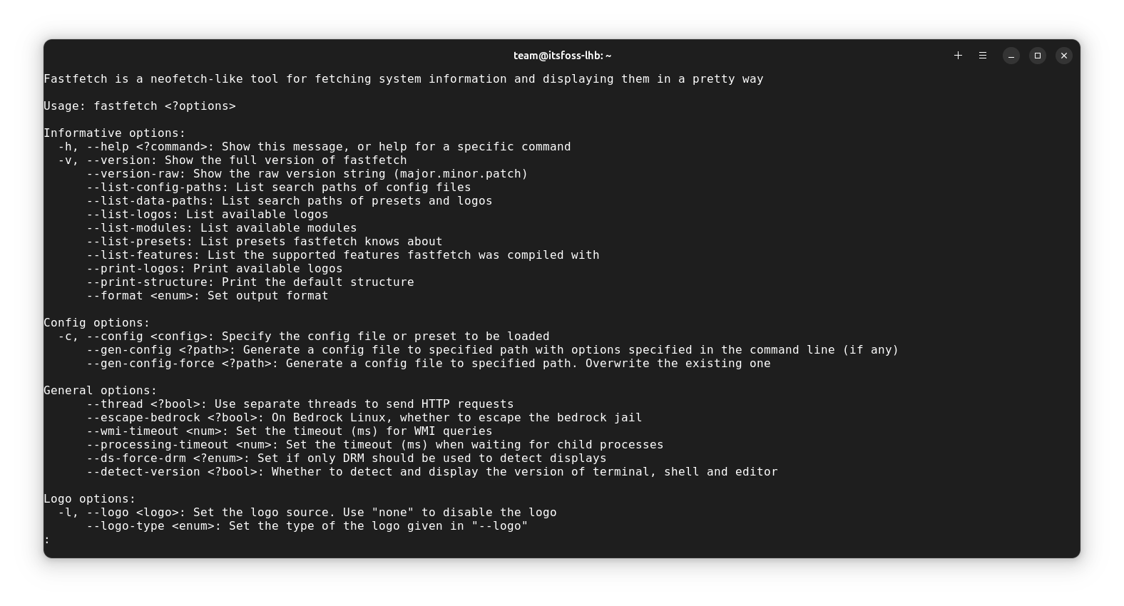 Fastfetch help mechanism displayed by piping into less command.