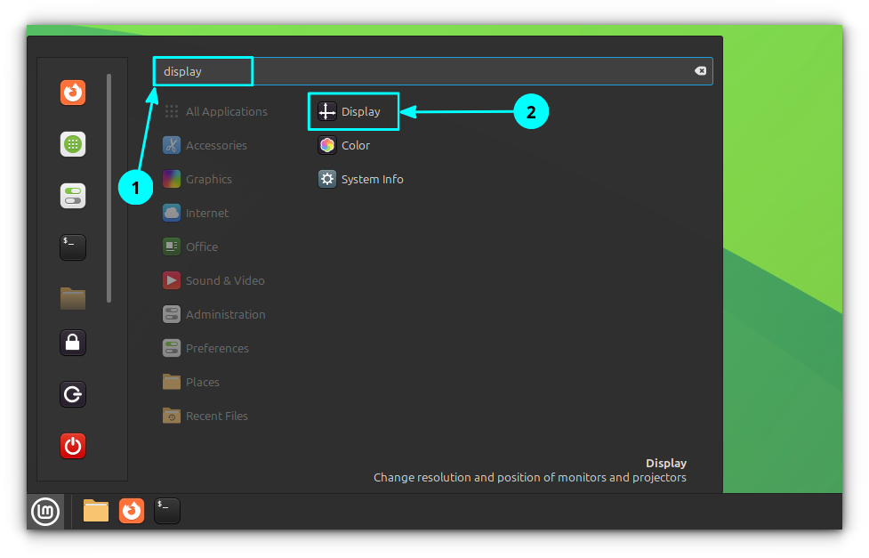 Search for and open the display settings in Linux Mint start menu.