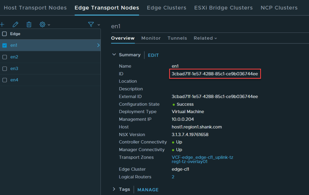 VMware NSX get edge node ID