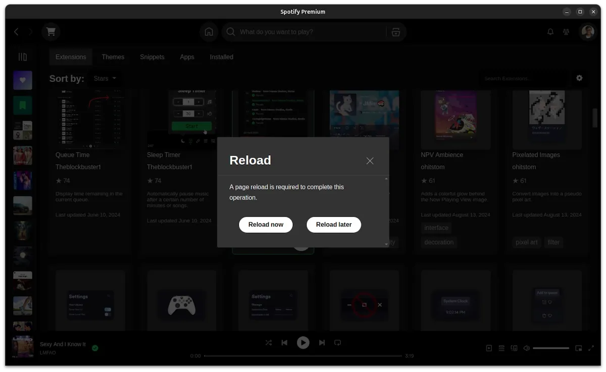 Reload Spotify after installing an extension from Spicetify