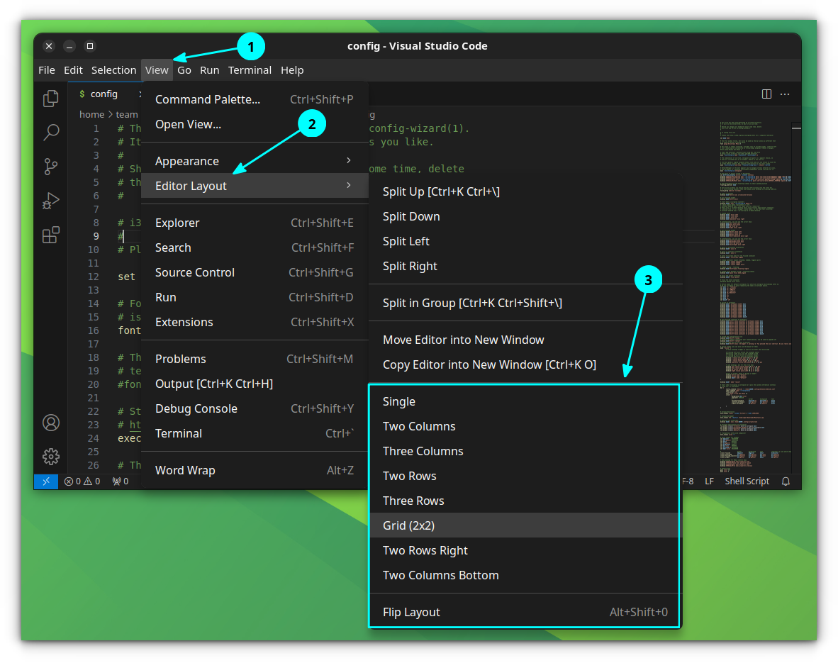 Editor layout selection in VS Code