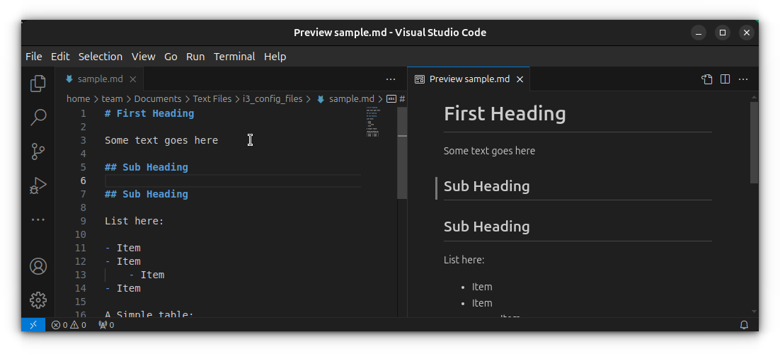 Markdown side-by-side preview in VS Code. This is a preview and you can scroll according to the content on the editor.