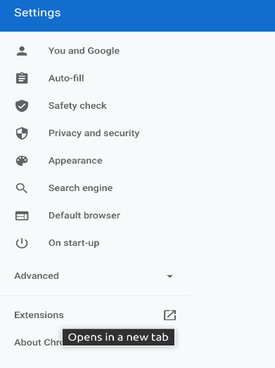Select extensions in settings window