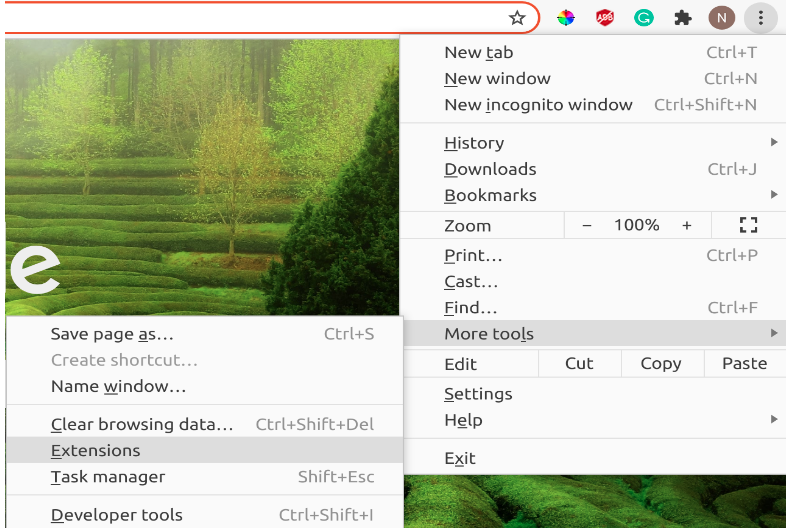 Shortcut to select extensions option in Google Chrome settings