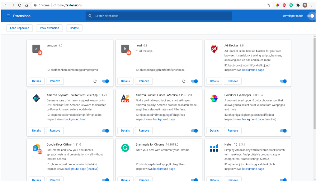 Grid view of extensions window