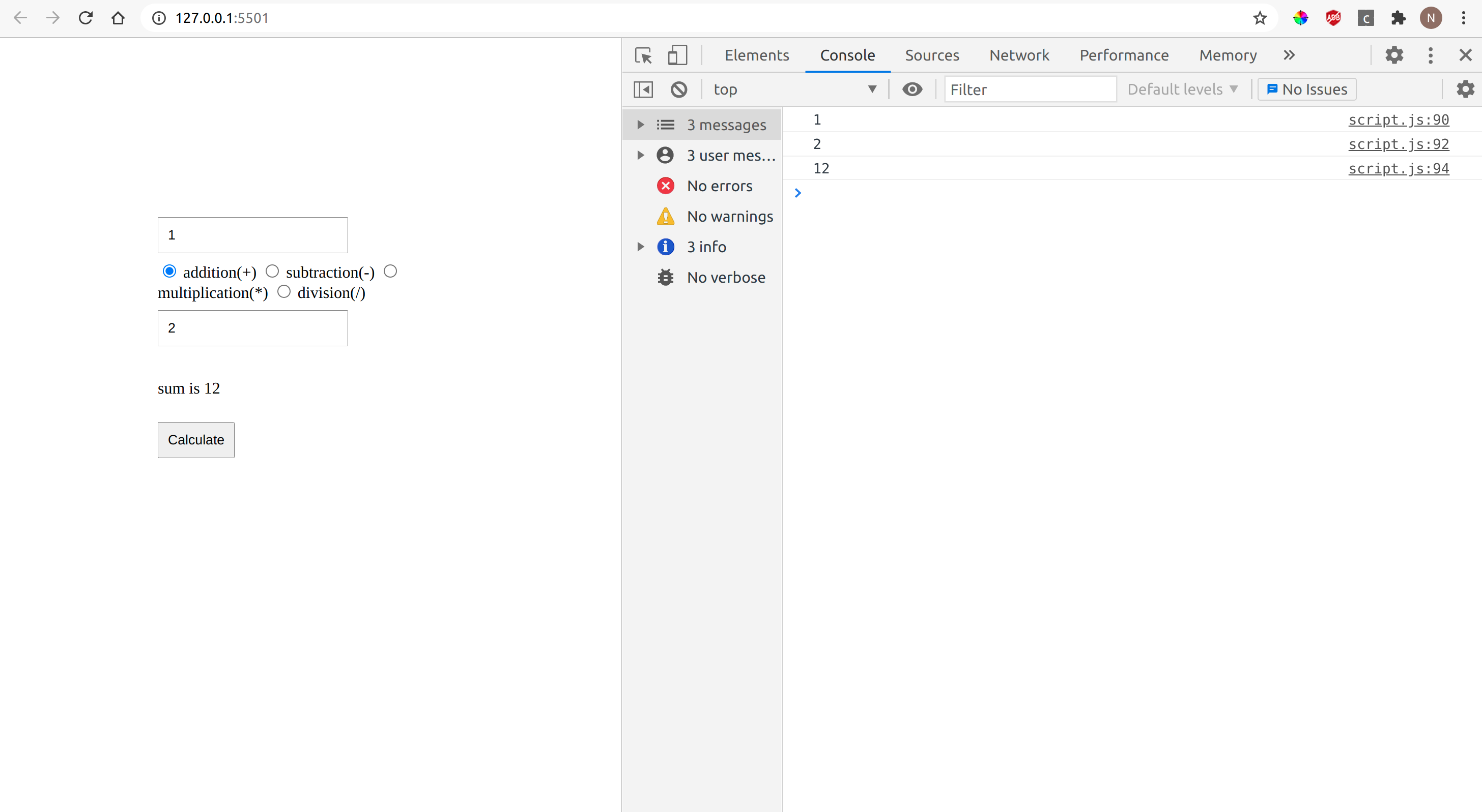 Debugging the results in console with console.log method