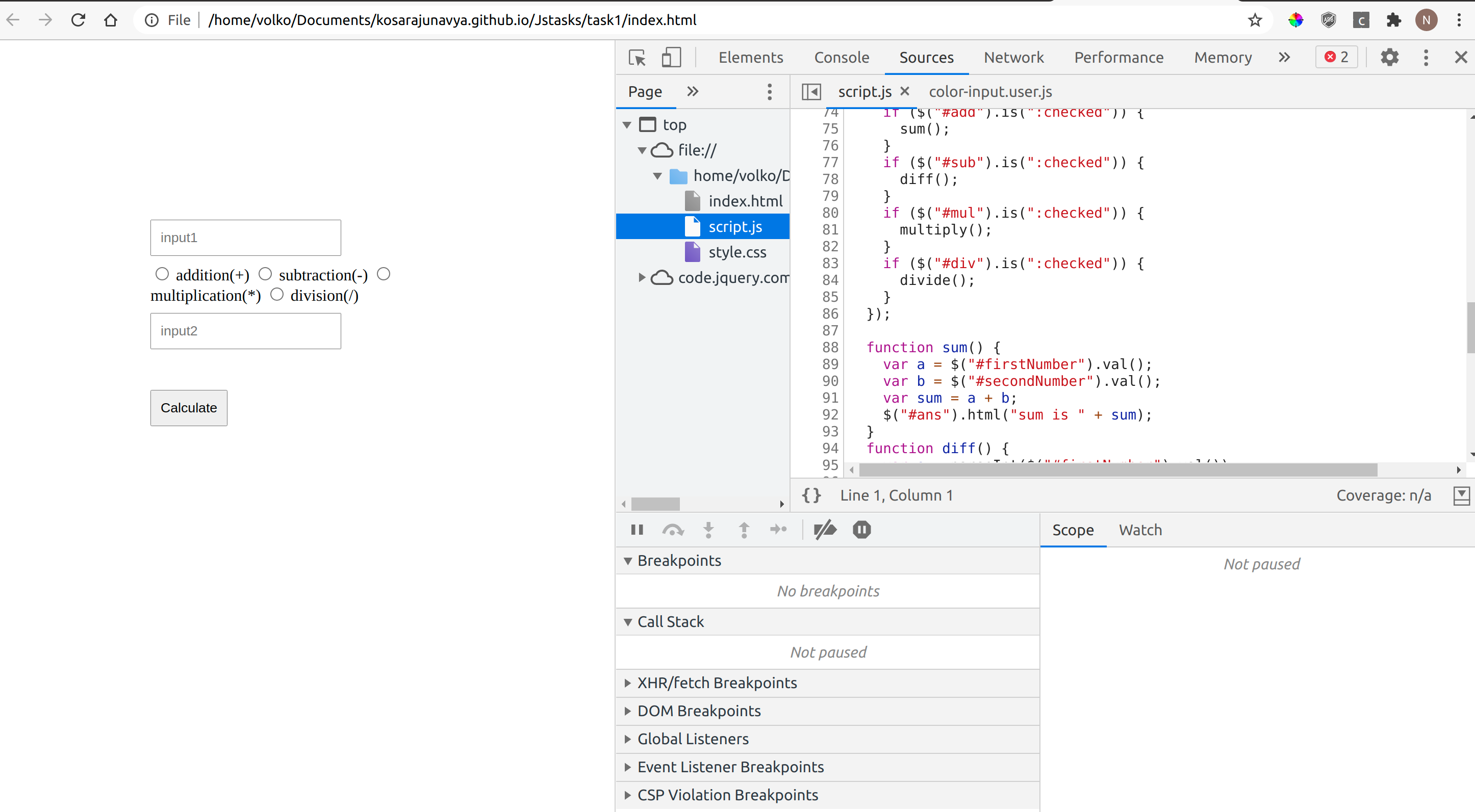 Choosing script.js file from left navigation