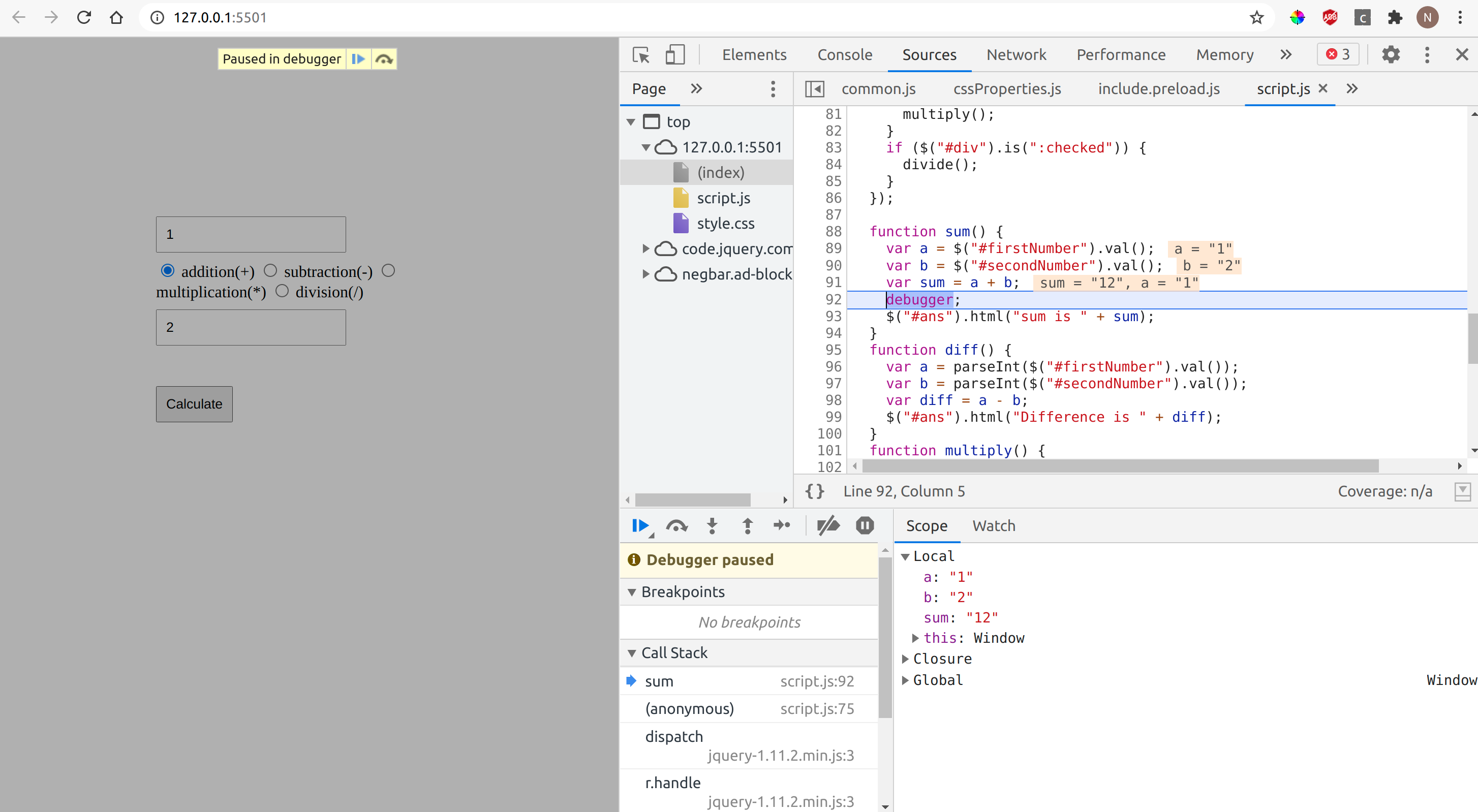Debugging the same issue with debugger keyword