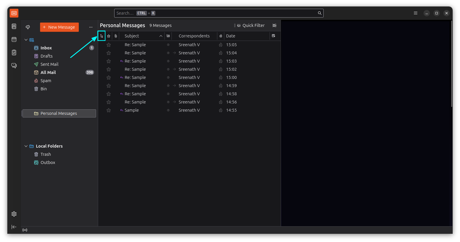 Click on toggle threaded view button on the far left of the table view column headings.