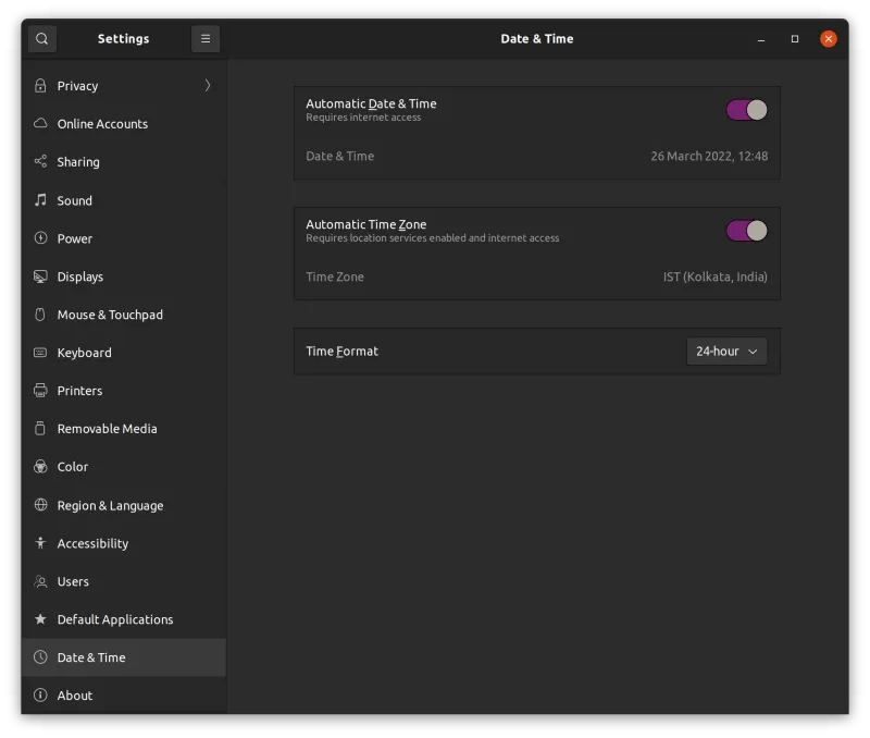 automatic date & time settings in ubuntu