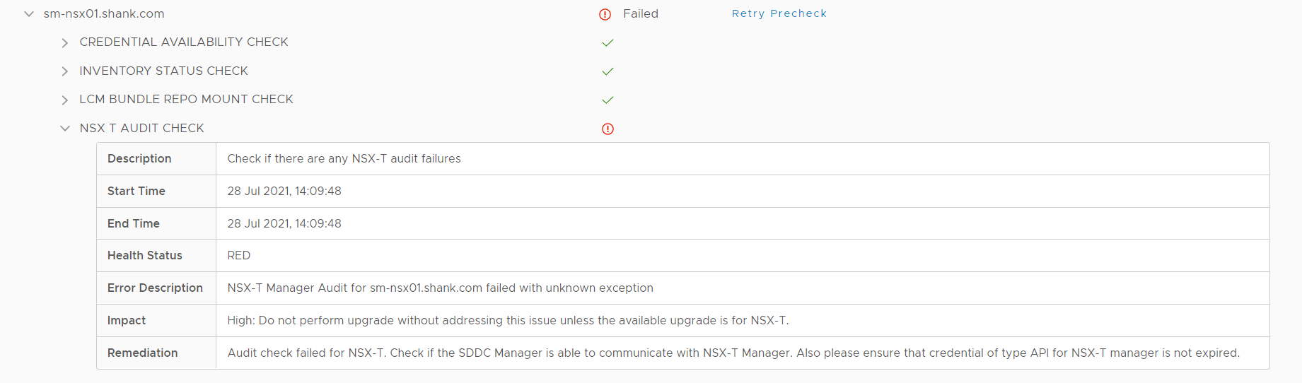 SDDC Manager pre-check error