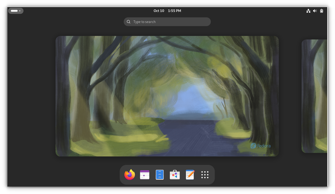 a screenshot of fedora homescreen with its wallpaper, and dock menu