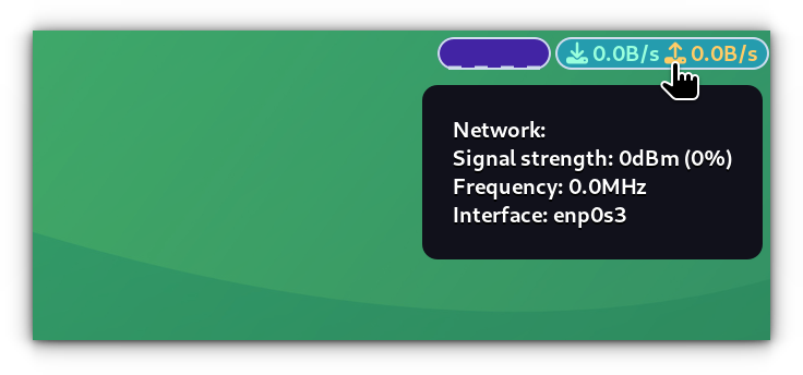 Network module in Waybar. When clicked, it will show the download and upload speed. Also, hovering will display some network information.