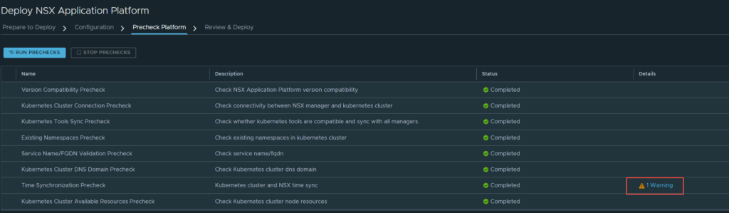 deploy nsx application platform prechecks complete