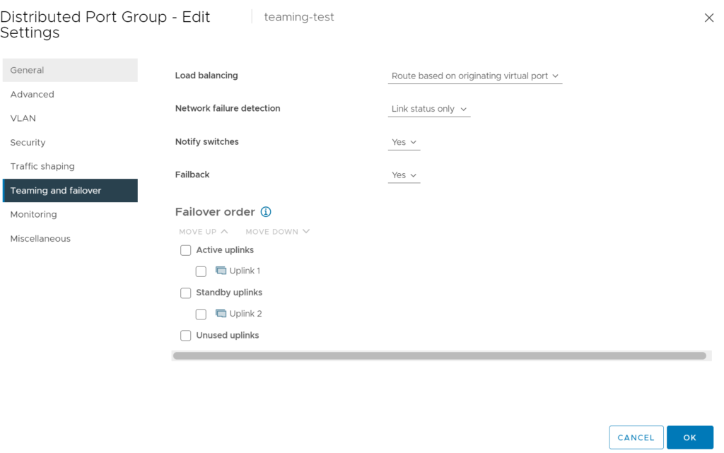 vds portgroup teaming and failover