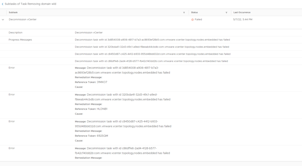 SDDC Manager Delete Domain failed workflow