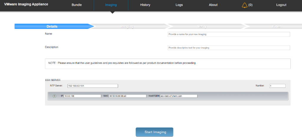 populate vmware imaging appliance image deploy paramaters to image esxi hosts.