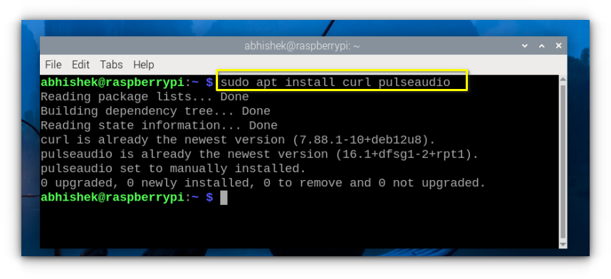 installing curl and pusleaudio