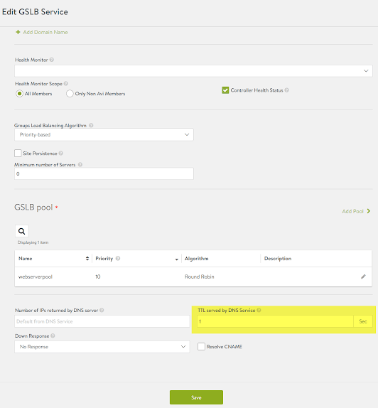 nsx-alb advanced load balancer gslb dns round robin TTL