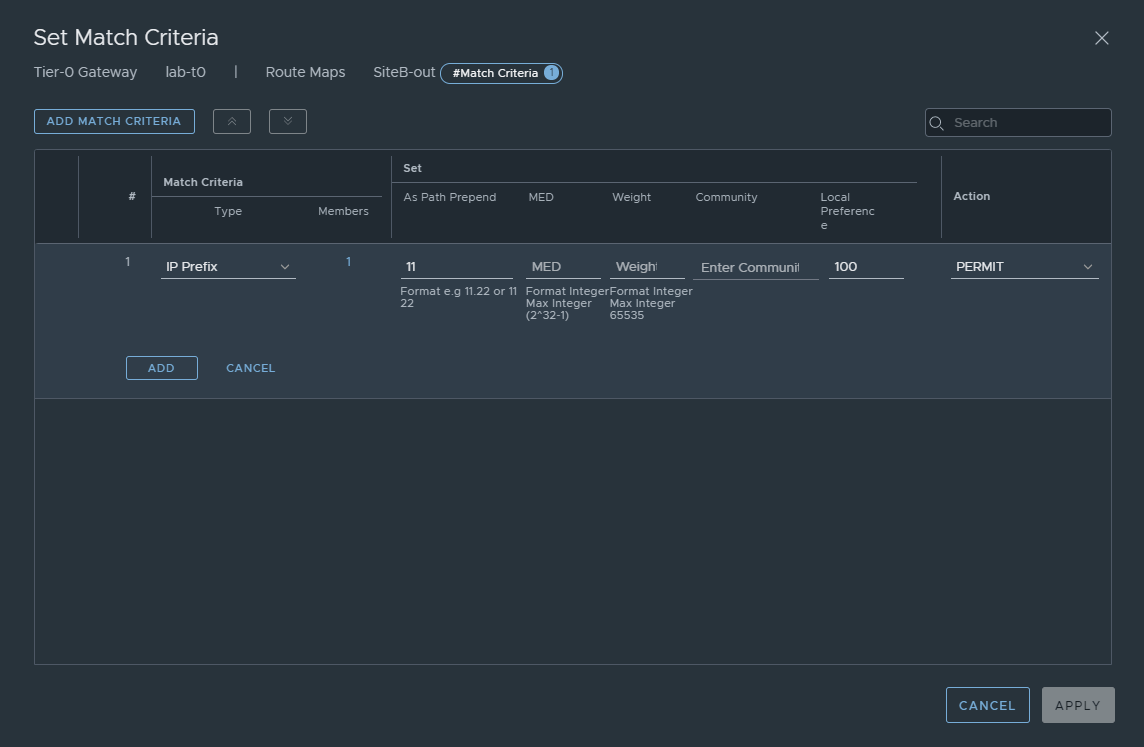 nsx-t t0 route map creating as path prepend