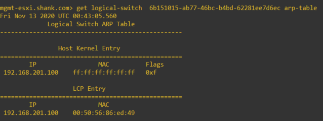 nsx management host get logical-switch arp-table with entries