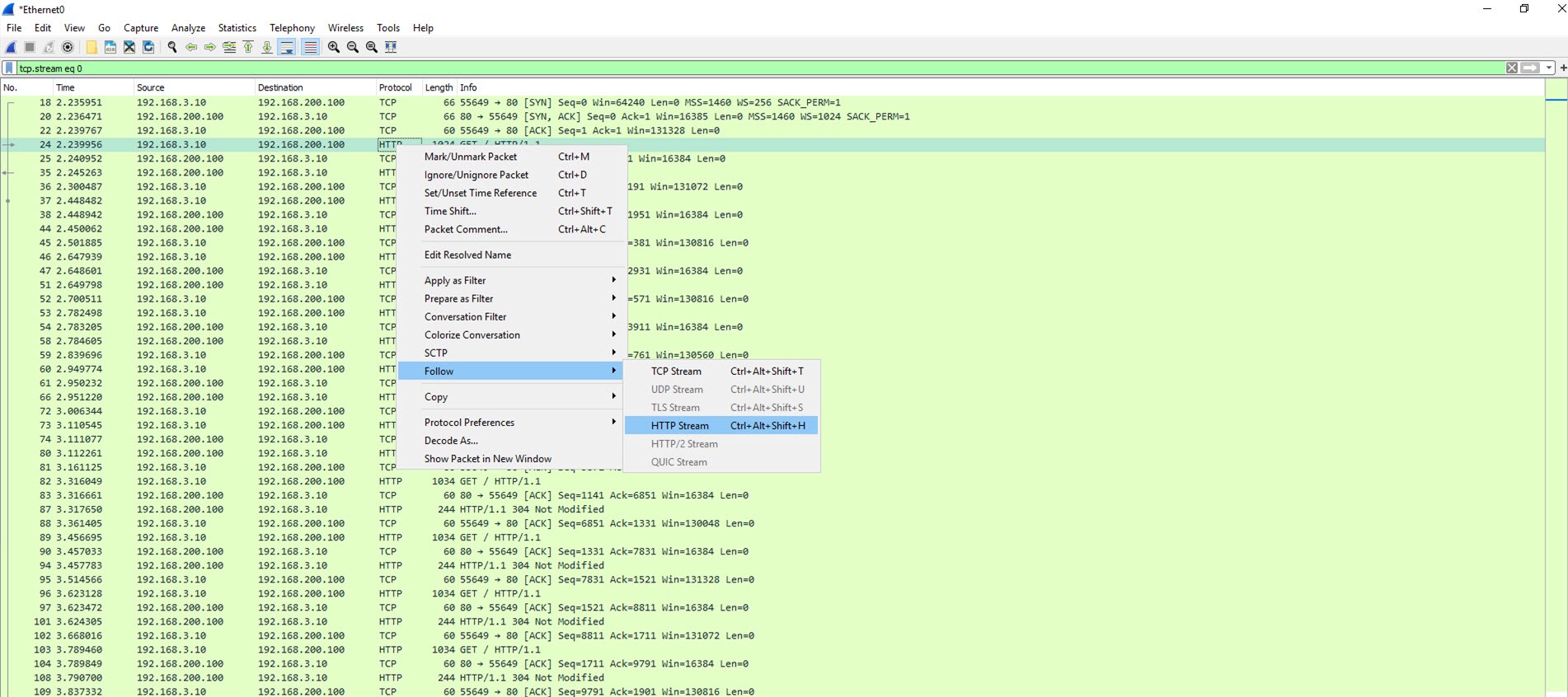 wireshark following a connection stream