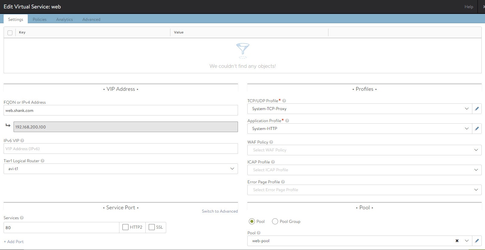 avi virtual service http configuration without ssl termination