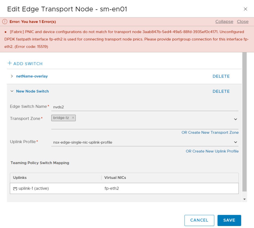 nsx-t edge bridge config fail