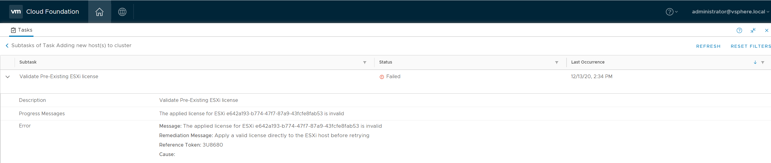 sddc manager host license error in workflow