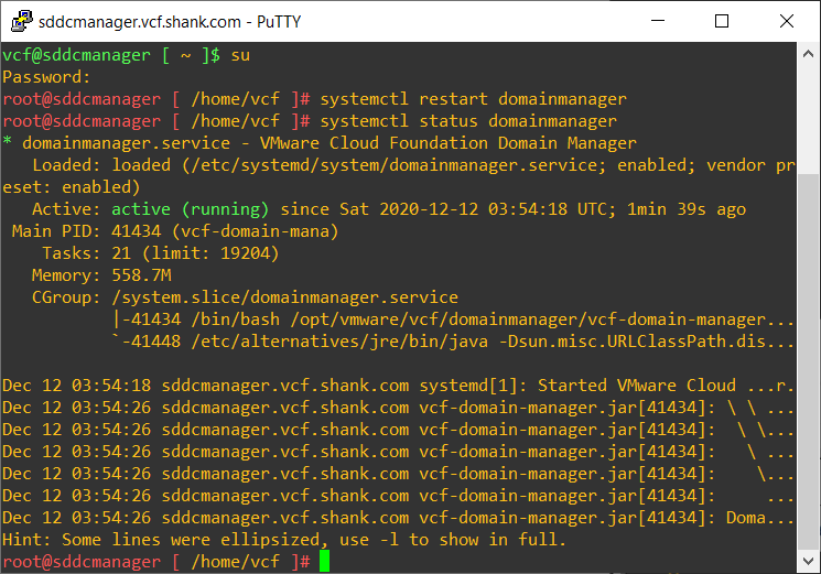 domainmanager service on sddc manager shows uptime using the status command