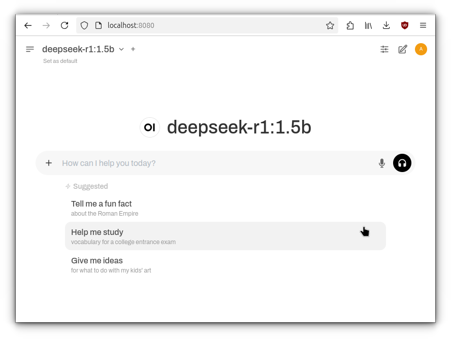 open-webui welcome scree with deepseek model loaded up