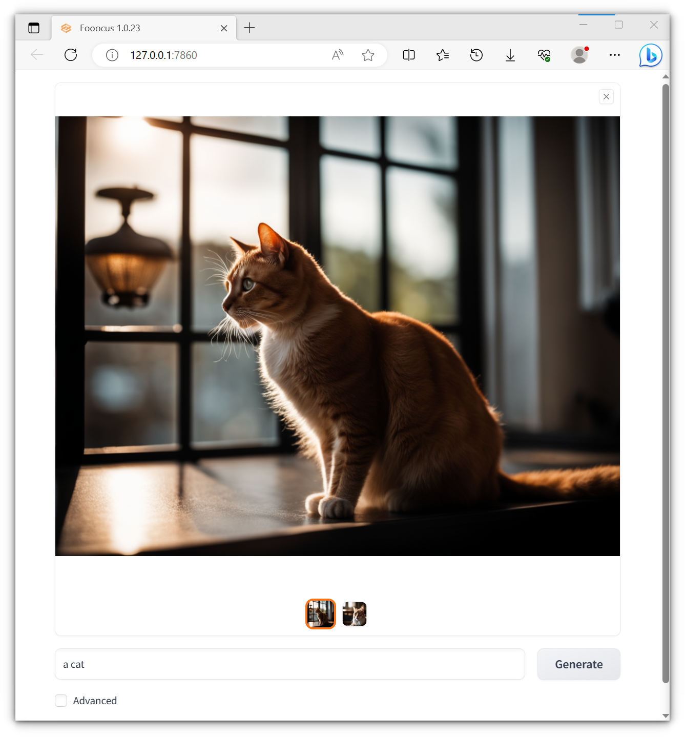 fooocus webui generating a cat picture