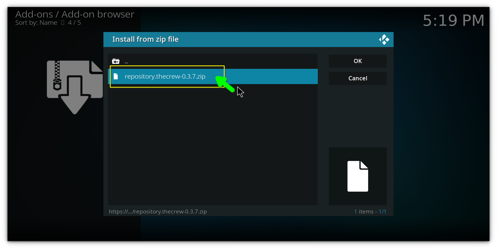 selecting the zip file to install