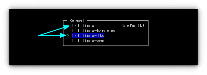 Selecting linux and linux-lts kernel in arch linux archinstall script.