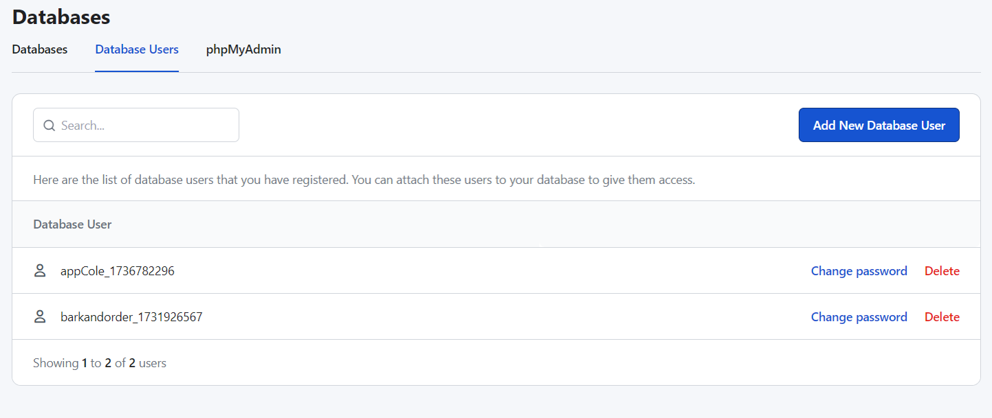 MySQL database credentials in RunCloud dashboard