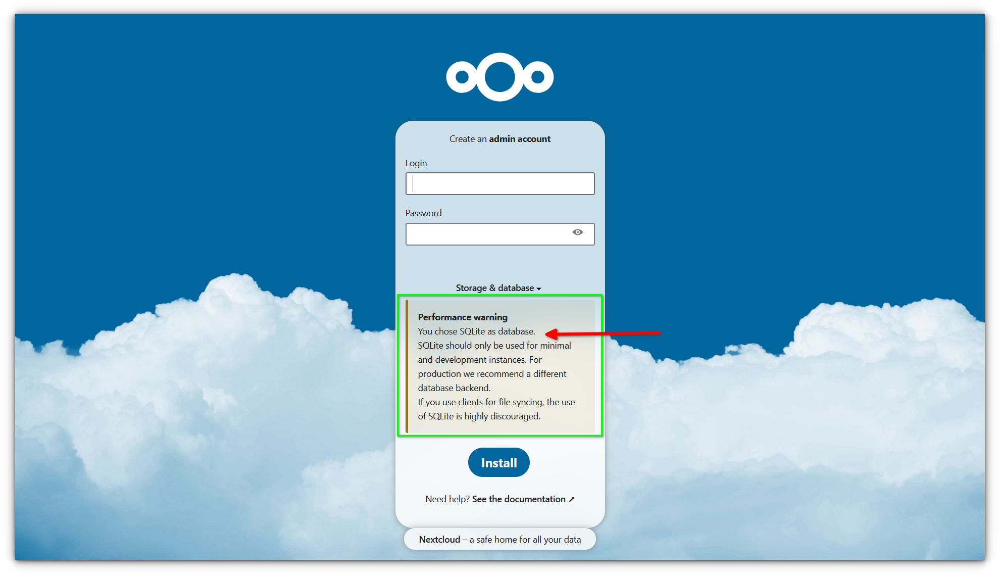 a screenshot of nextcloud login screen warning of choosing sql lite as database