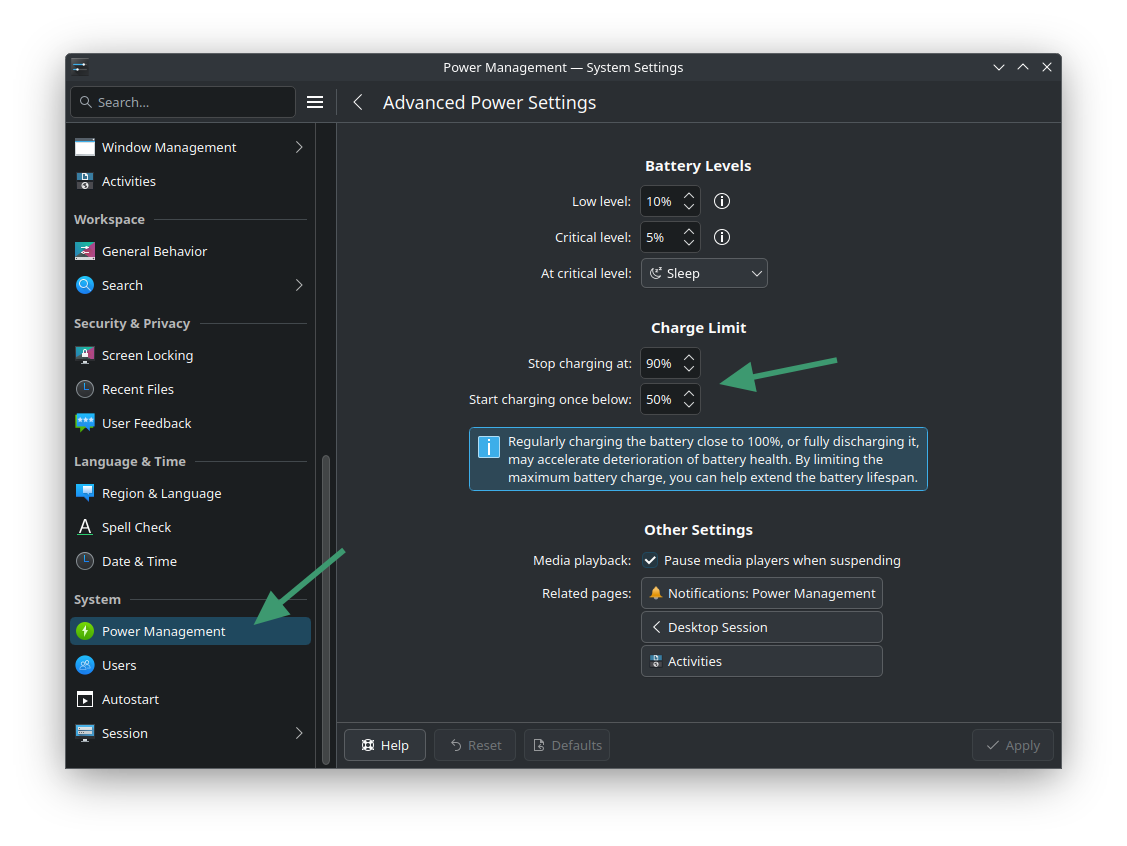 Setting Battery charging limit in Linux distros with KDE Plasma