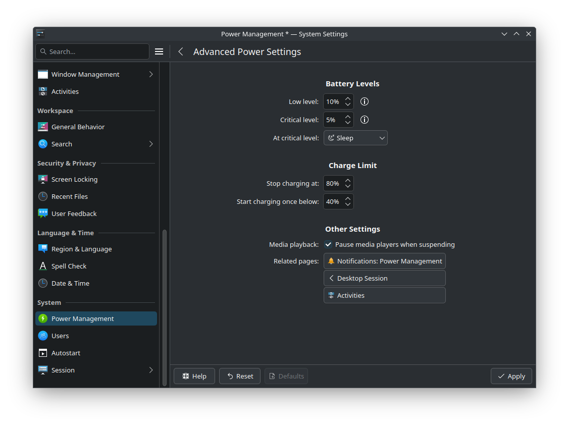 Set battery charging limit in KDE Plasma