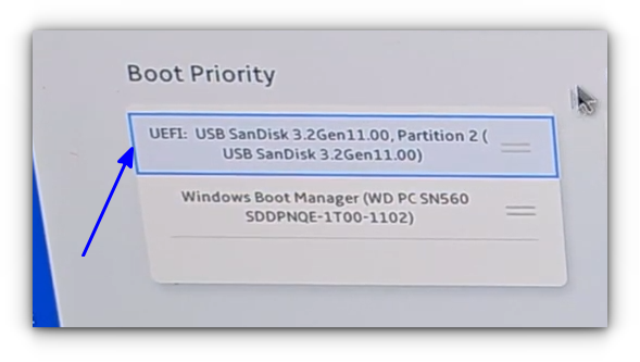 Change the boot priority to USB in the boot menu.