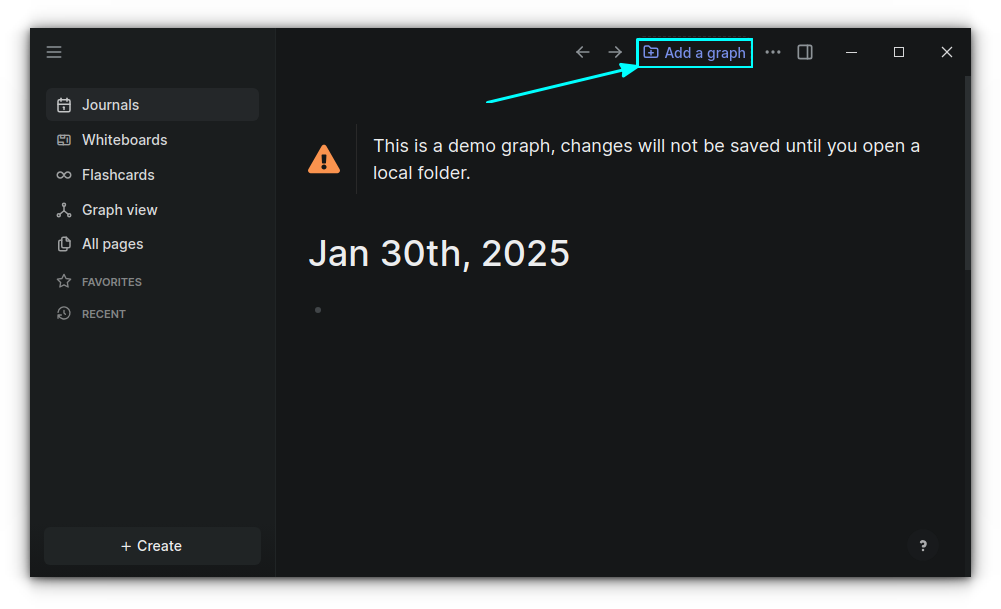 Click on the "Add a graph" button to add a local directory as Logseq directory.