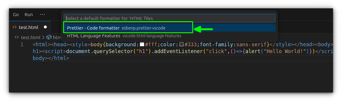 selecting prettier as default formatter