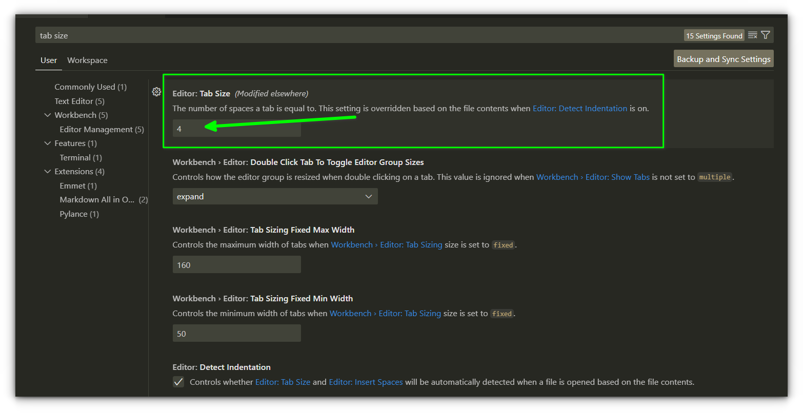 setting up default indentation tab size