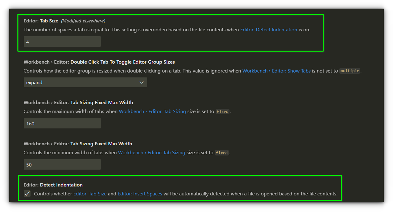 toggling tab size, detect indentation options in the workspace settings
