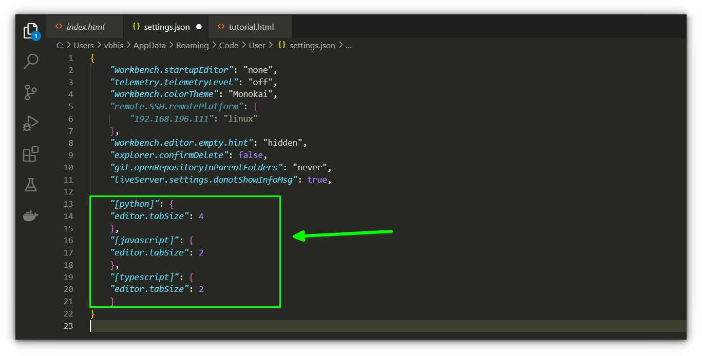 setting up indentation based on programming language
