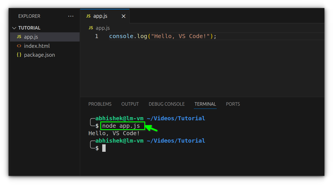 running app.js using node