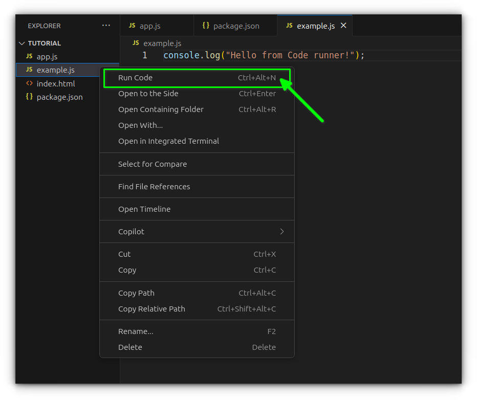 right click on code run to show the output of js file